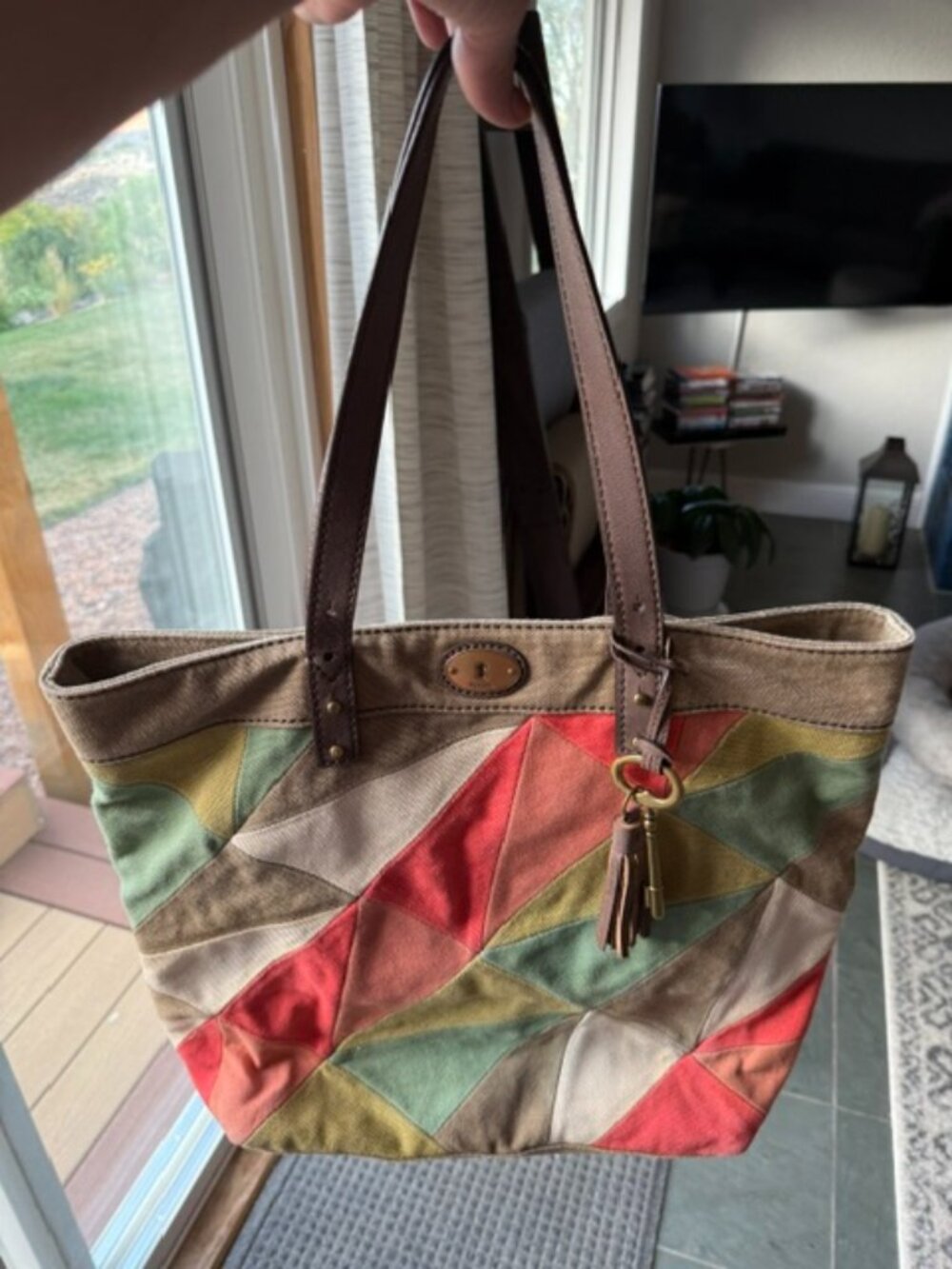 Fossil Colorful Geometric Patchwork Canvas Tote Bag Y2K Boho Key Charm